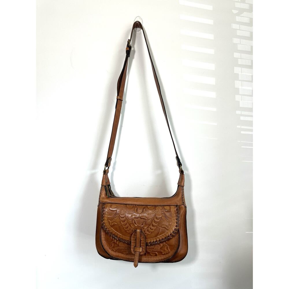 Patricia Nash Camille Tan Tooled Leather Crossbody Purse Saddle Bag Whipstitch - Picture 15 of 16